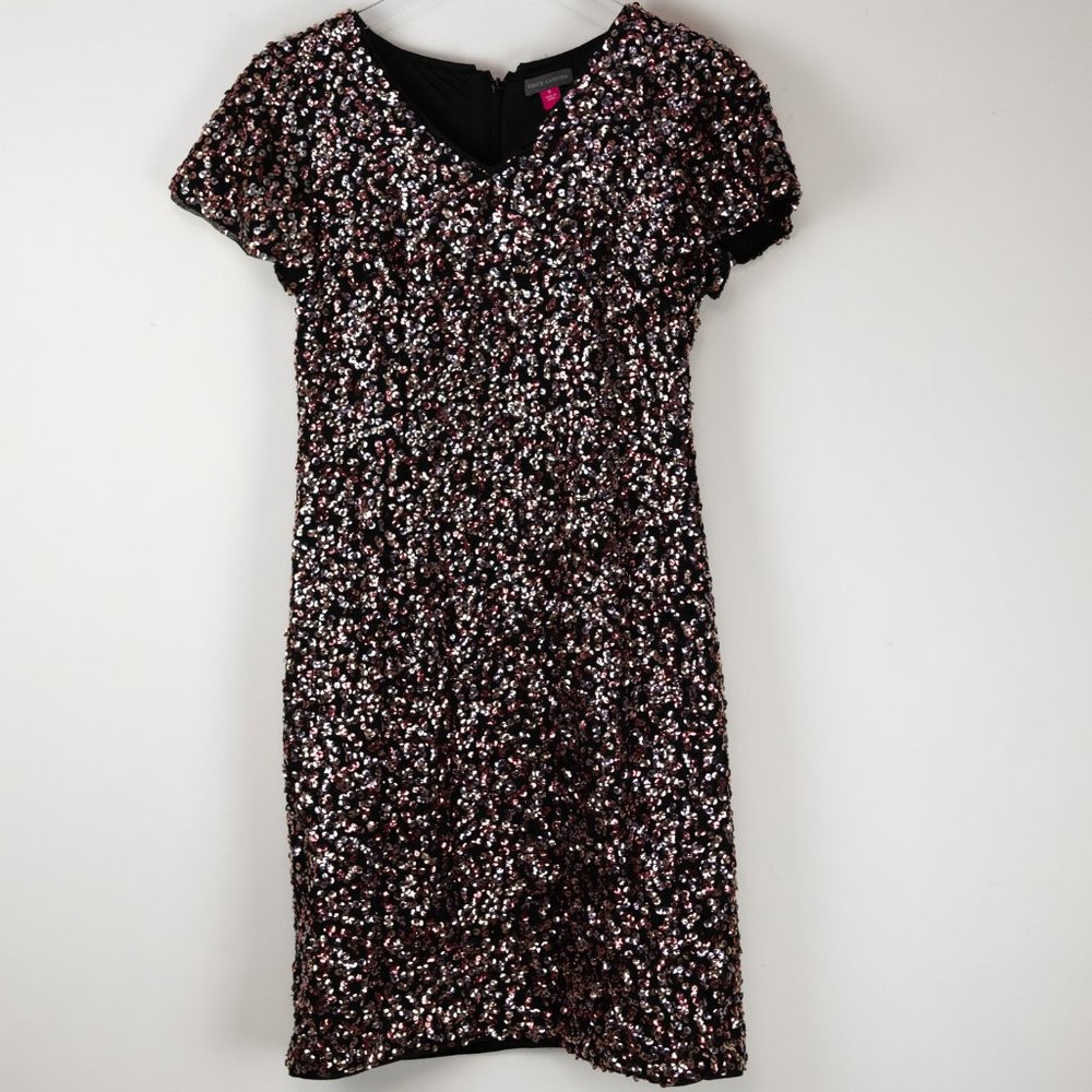 Vince Camuto Sequin Dress Flutter Sleeve Shift Mini Cocktail Pink Black Size 0 - Picture 2 of 8